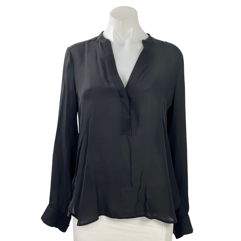 Vince Women's Black Silk Long Sleeve V Neck Semi Sheer High Low Blouse Top Sz 4